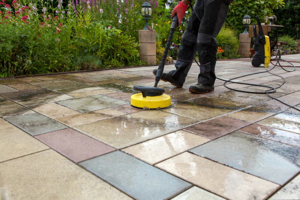 wooden patio porch being pressured washed